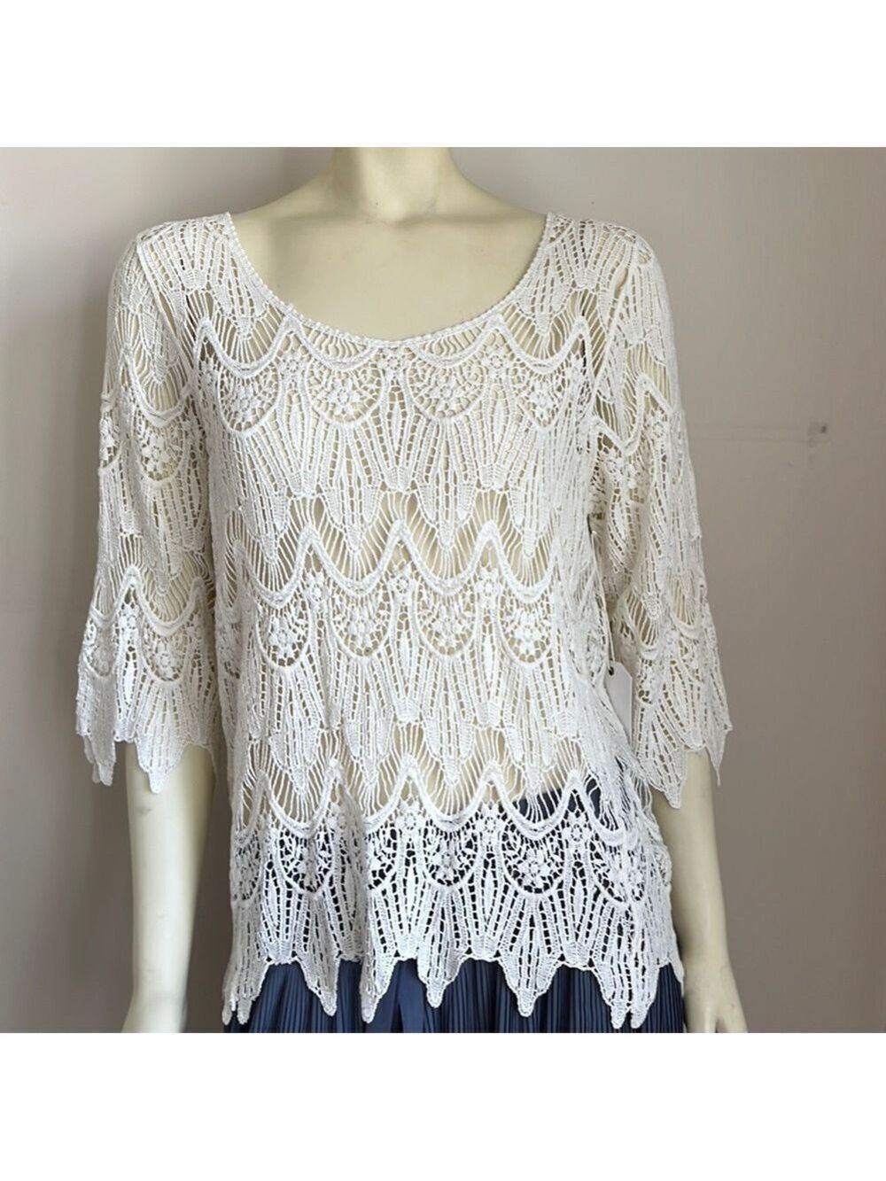 NWT Subtle Luxury Women’s Crochet 3/4 Sleeve Top Boho Glam Cream White S/M